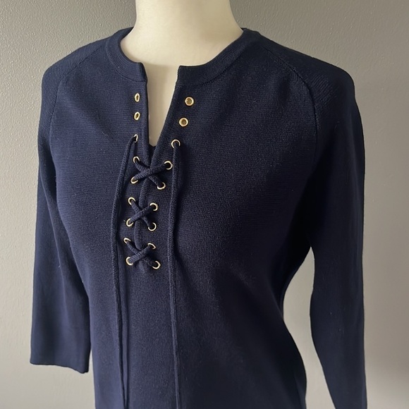 Barney's Navy Blue Merino Wool Lace Up Front Sweater - Picture 2 of 11